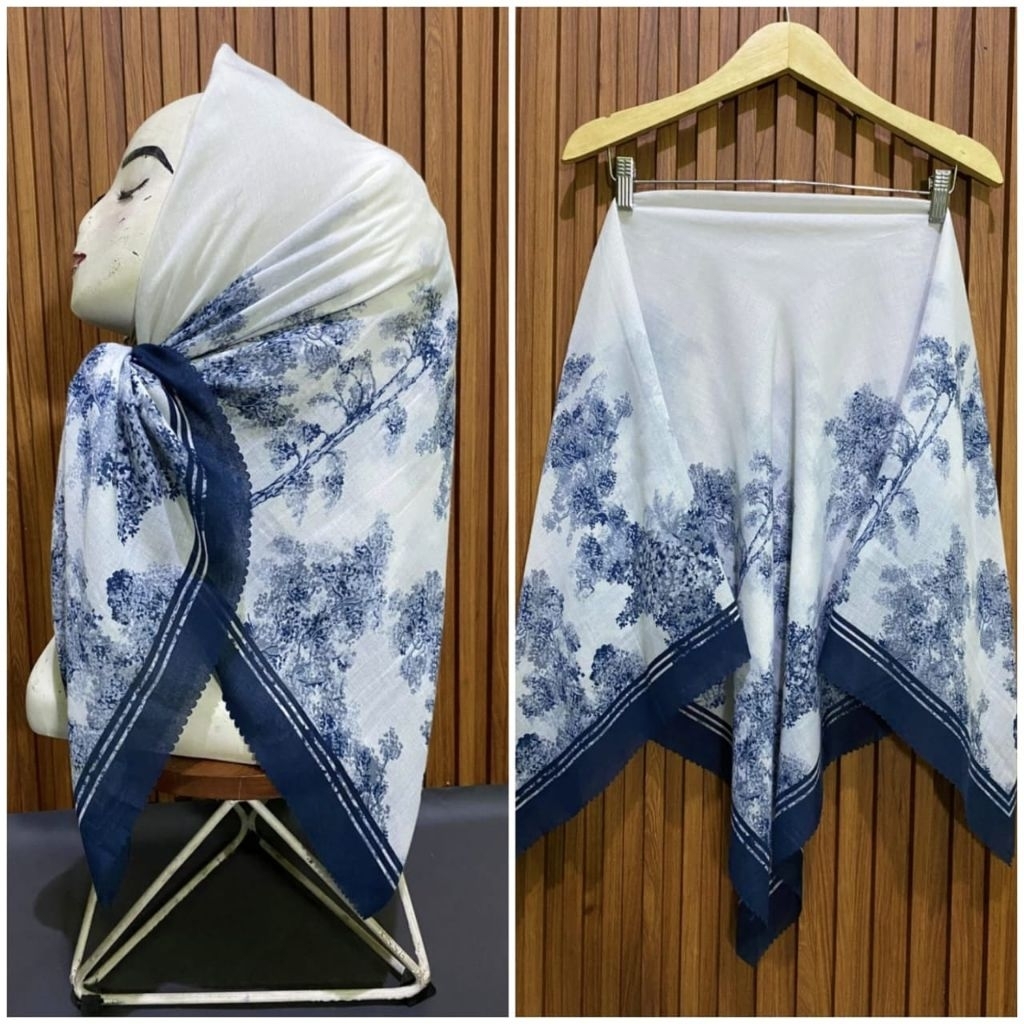 HIJAB SEGI EMPAT HIJAB MOTIF ALAM PUTIH NAVY