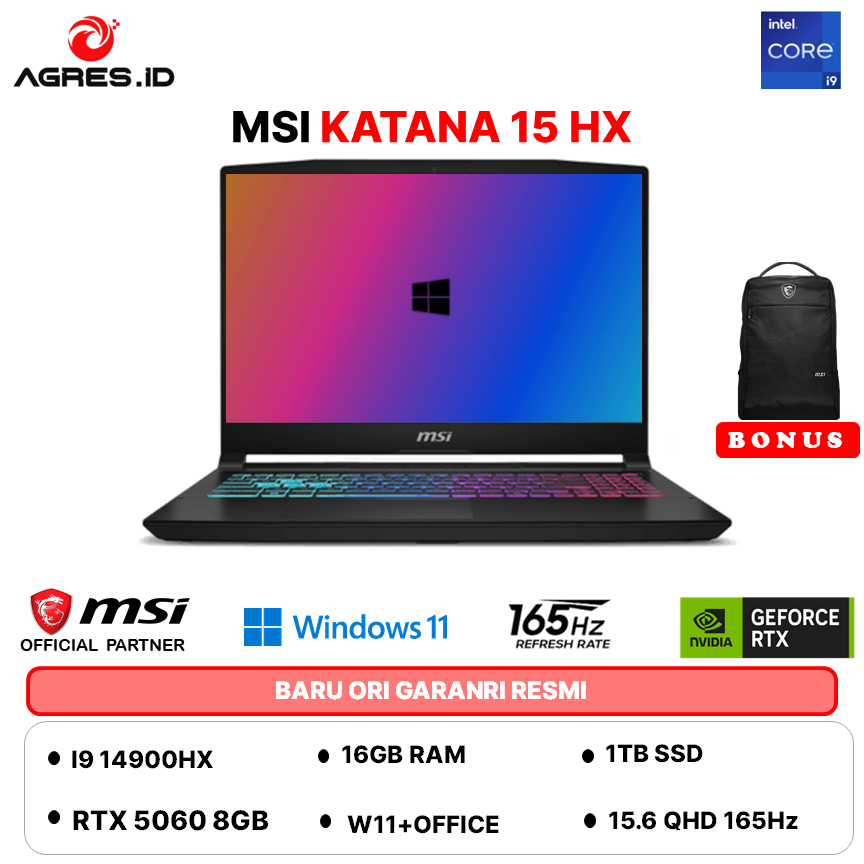 MSI KATANA 15 HX I9 14900HX RTX5060 8GB/ 16GB 1TB W11+OHS 15.6QHD 165HZ 100DCIP3 4ZRGB B14WFK-098