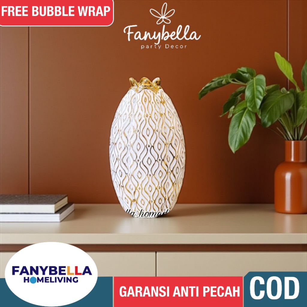 Vas Bunga Keramik Satu Set Nanas Labu Guci Glazed Putih Garis dilapisi Emas Mewah Import Dekorasi Hi