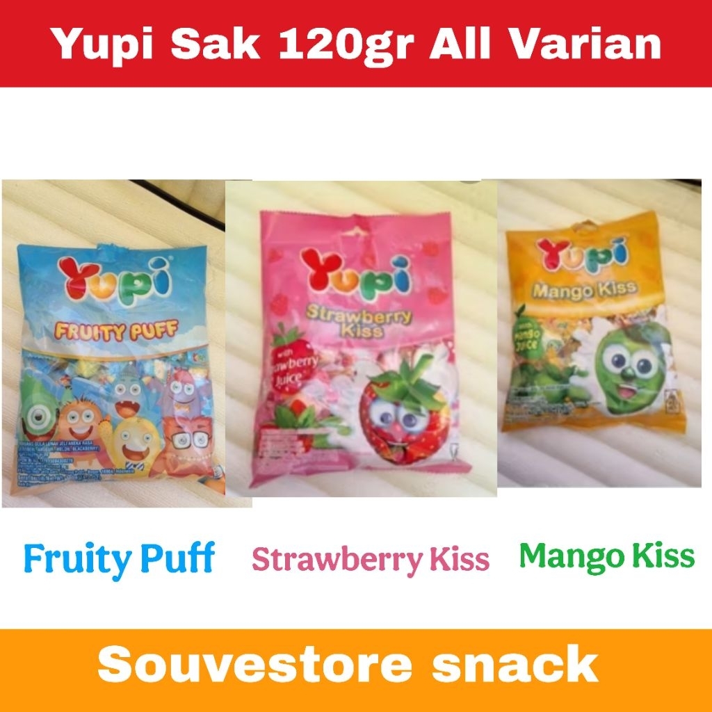 

Yupi Sak Permen isi 120g Yupi Sak strawberry kiss Mango Kiss Fruity puffs