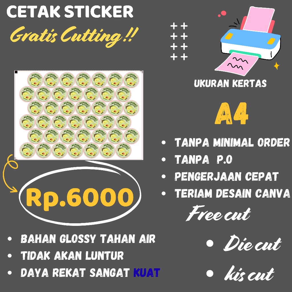 

Cetak & Cutting Sticker Murah Label Kemasan Custom Tanpa Minimal Order Ukuran A4 Bahan Glossy