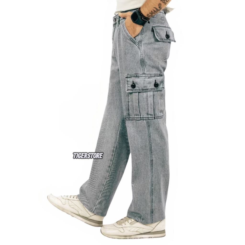 New Product Long Cargo Pants Jeans Pria Loose Fit Nstrech Regular Cargo Jeans Denim Black Sandwash