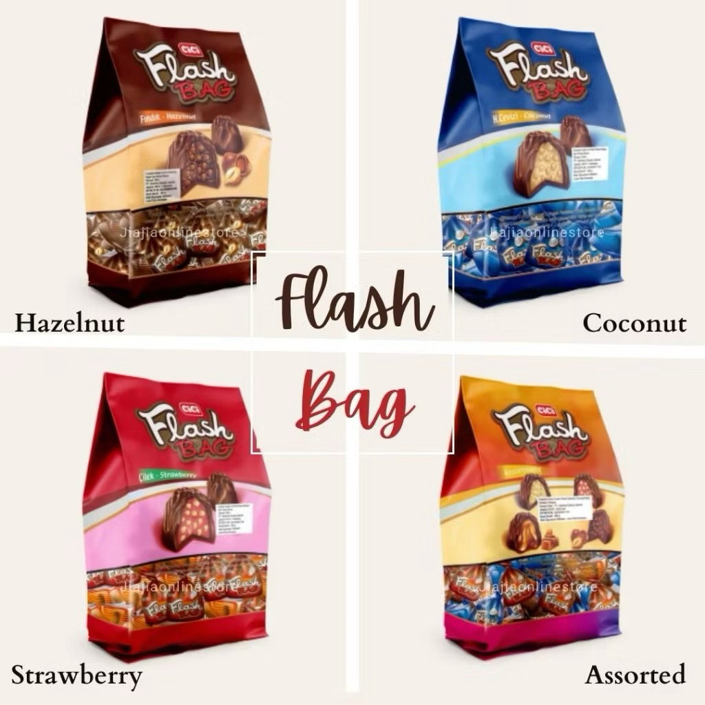 

CICI FLASH BAG Chocolate 300gr Cokelat Turki rasa Hazelnut, Strawberry, Coconut/kelapa, Assortment (Campur) Chocolate Turkey Cokelat