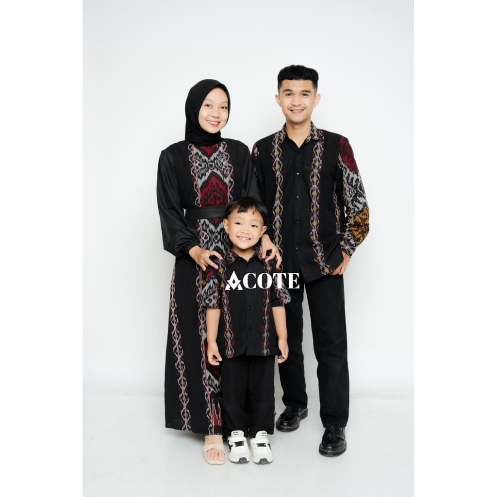 Couple Gamis Tenun Laras Hitam Merah – Baju Couple Keluarga Elegan & Modern