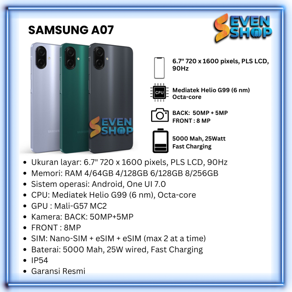 SAMSUNG GALAXY A07 RAM 4/64GB 4/128GB 6/128GB 8/256GB GARANSI RESMI 12 BULAN