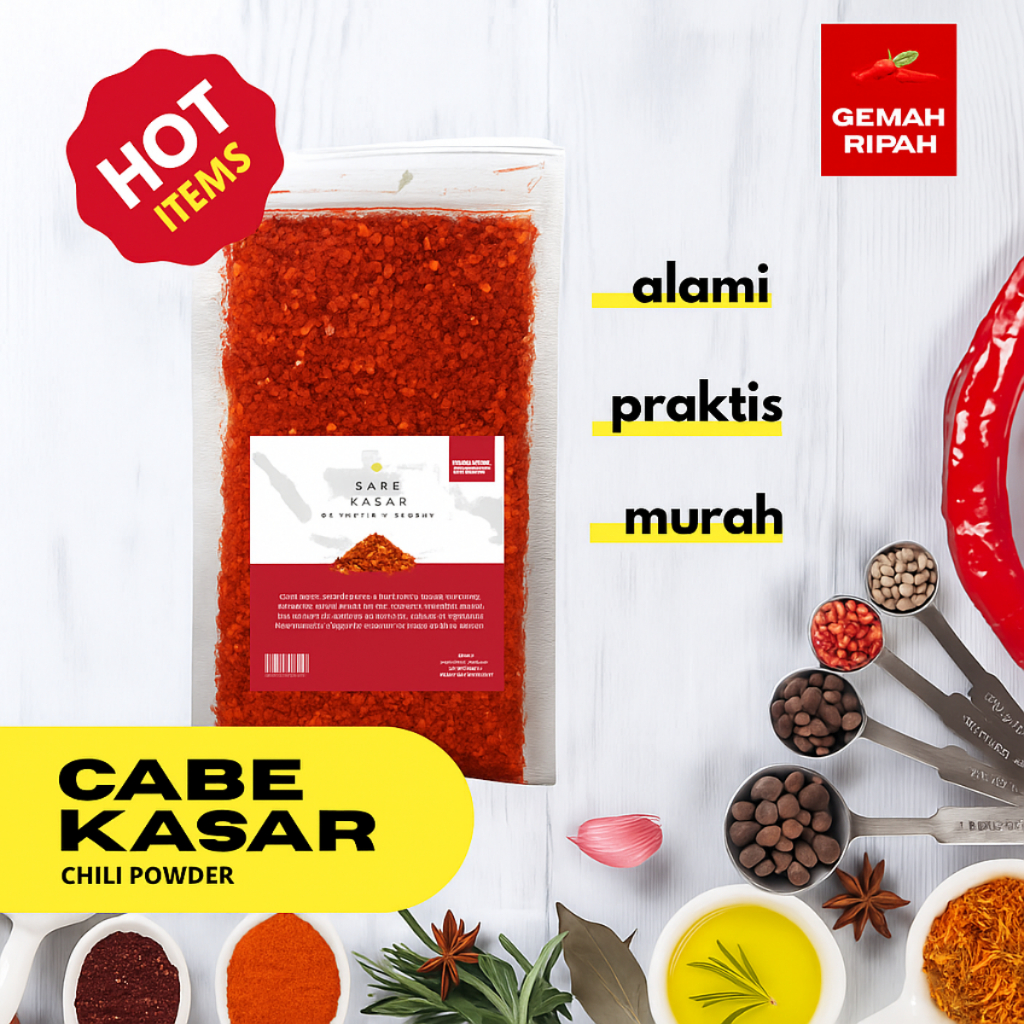 

Cabe Kasar Chili Flakes Cabe Bubuk Kasar Murni Extra Pedas Cabe Giling Kemasan Ziplock Praktis Gemah Ripah Rempah