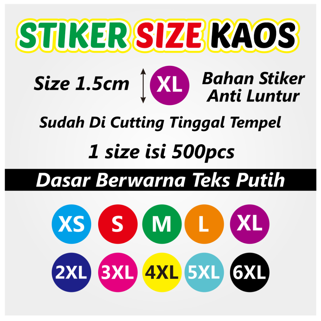 

STIKER size BAJU 1.5 CM - Stiker Bulat Size Baju - 500pcs