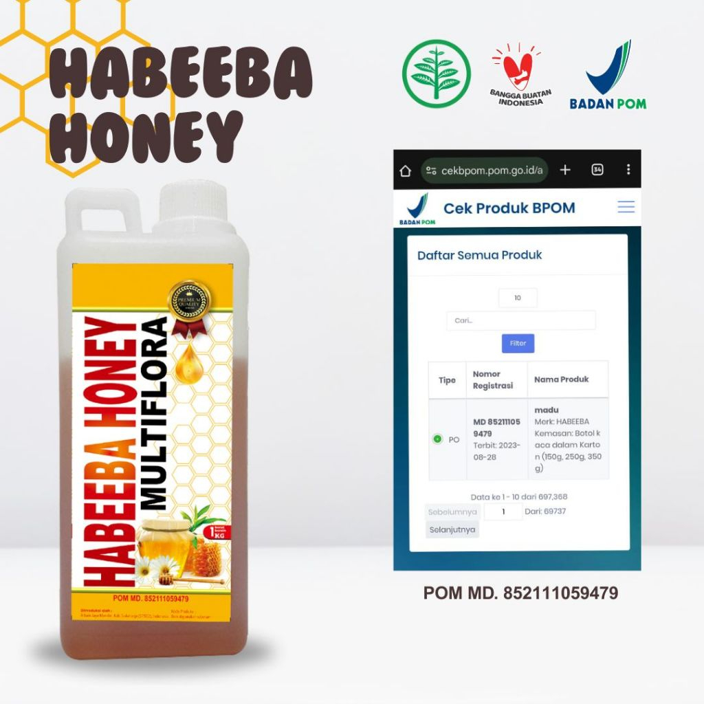 

Madu Multiflora Habeeba Honey Madu Murni 100% Madu Nektar Alami Natural Netto 1000 & 500 Gram