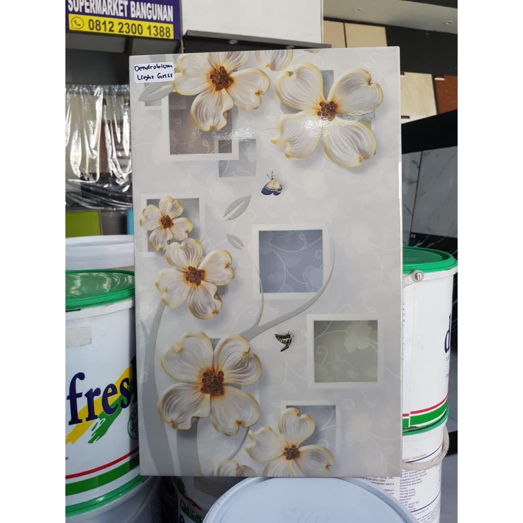 KERAMIK DINDING DAPUR / KERAMIK DINDING KAMAR MANDI MILLAZO 25X40 DENDROBIUM LIGHT GRISS MOTIF BUNGA