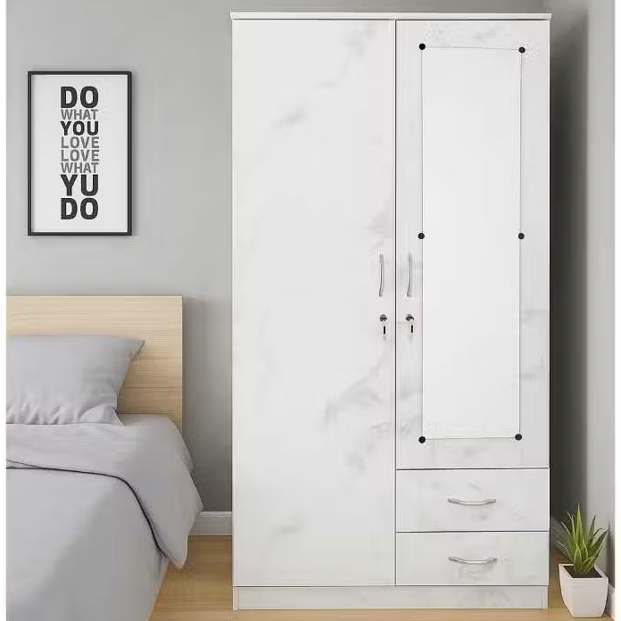 Lemari Baju Minimalis Putih 2 Pintu + Cermin & Laci – ALD 8112 L