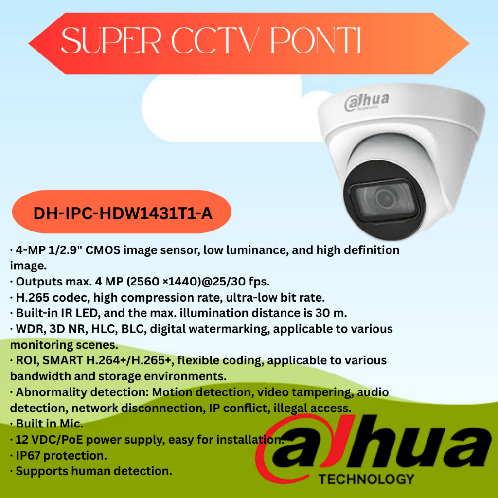 IP CAM CCTV DAHUA 4MP INDOOR AUDIO DH-IPC-HDW1431T1-A