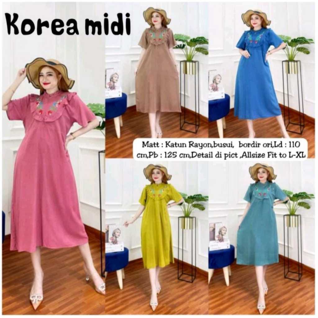 DRESS KOREA MIDI // Dress Wanita // Dress Dewasa // Dress Midi // Dress Katun Rayon