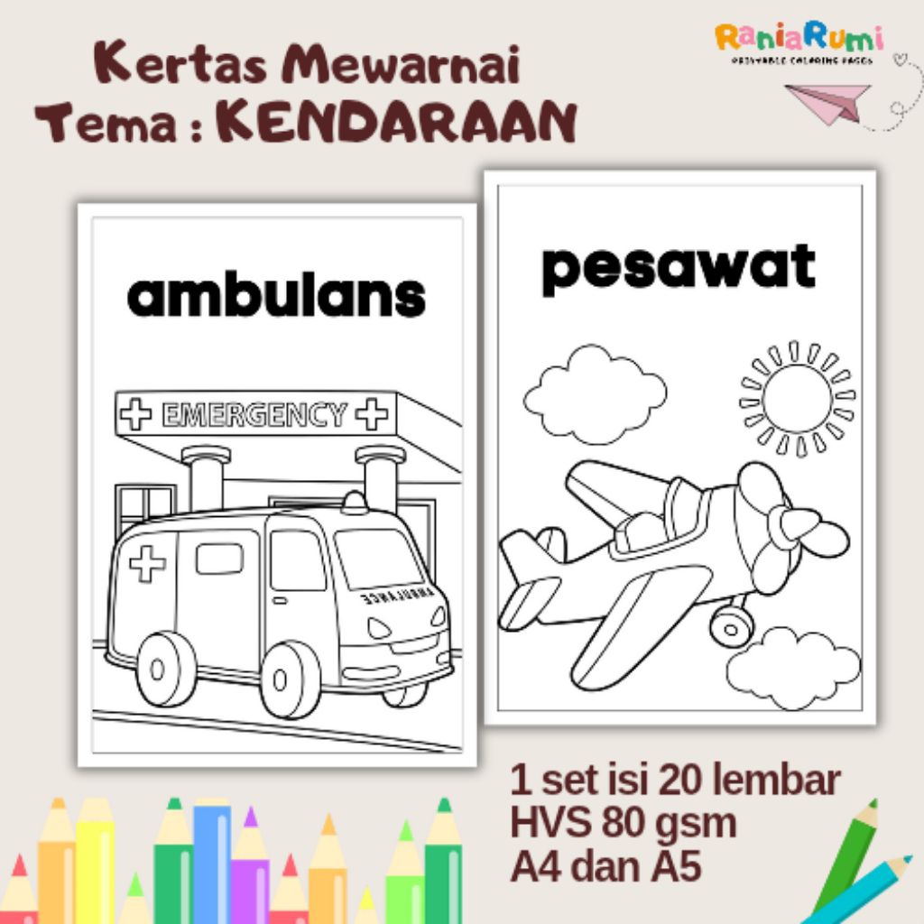 

25 Lembar Mewarnai Anak Tema KENDARAAN | Kertas Mewarnai Anak