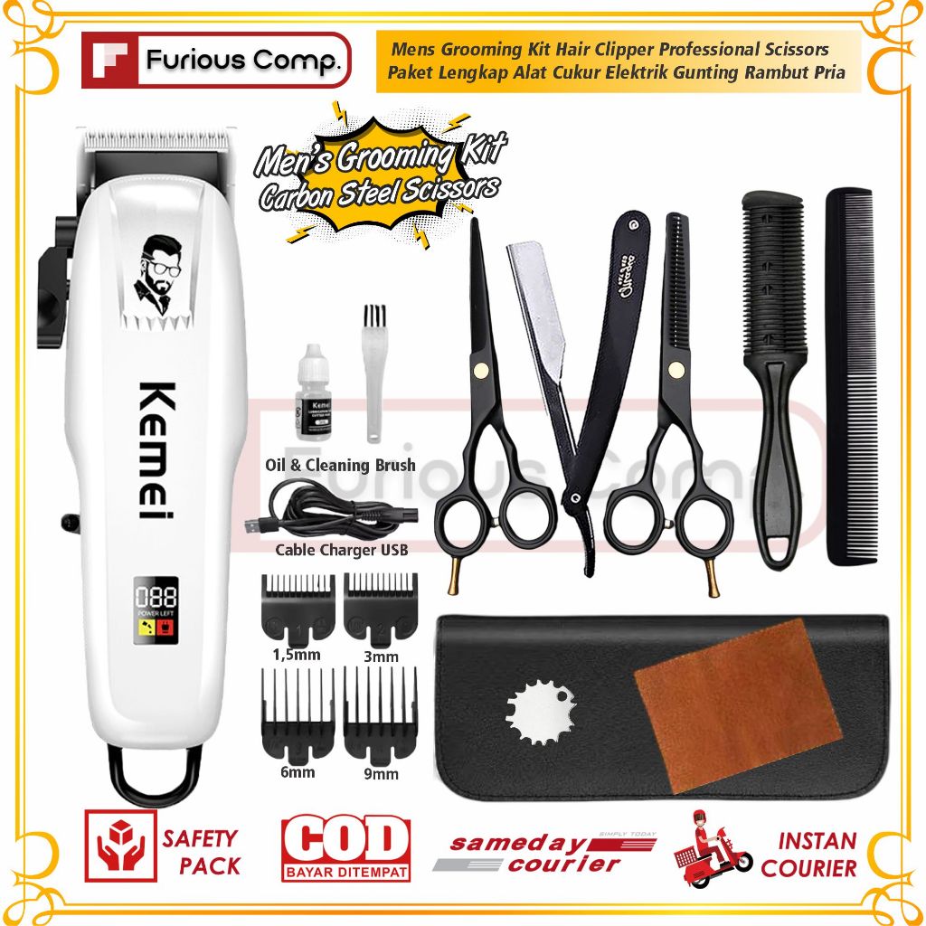 Mens Grooming Kit Kemei Hair Clipper Set Alat Cukur Elektrik Paket Lengkap Gunting Rambut Pria