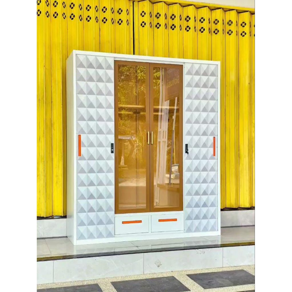 Lemari Pakaian Besi Premium Jumbo Sliding 4 Pintu Kaca / Almari Besi Baju Pakaian Sliding Modern