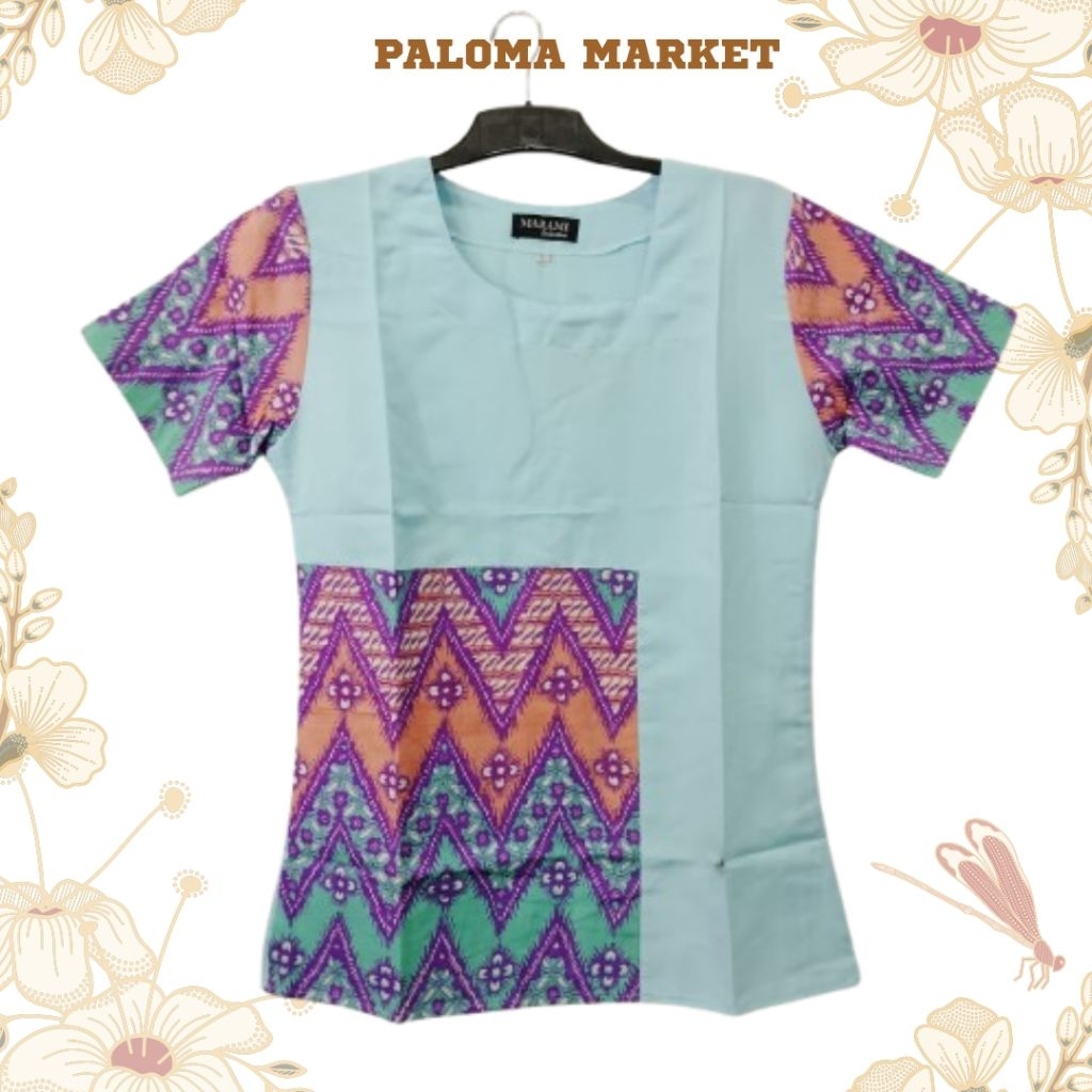 Blus Batik Kombinasi Biru Muda Motif Etnik Pelangi