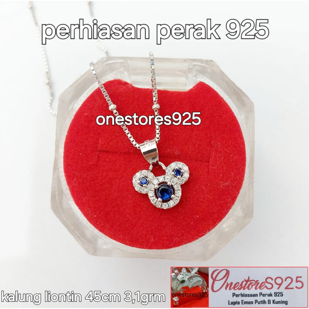 KALUNG LIONTIN MICKEY BATU BIRU ITALY PENTOL PERAK 925 LAPIS EMAS PUTIH