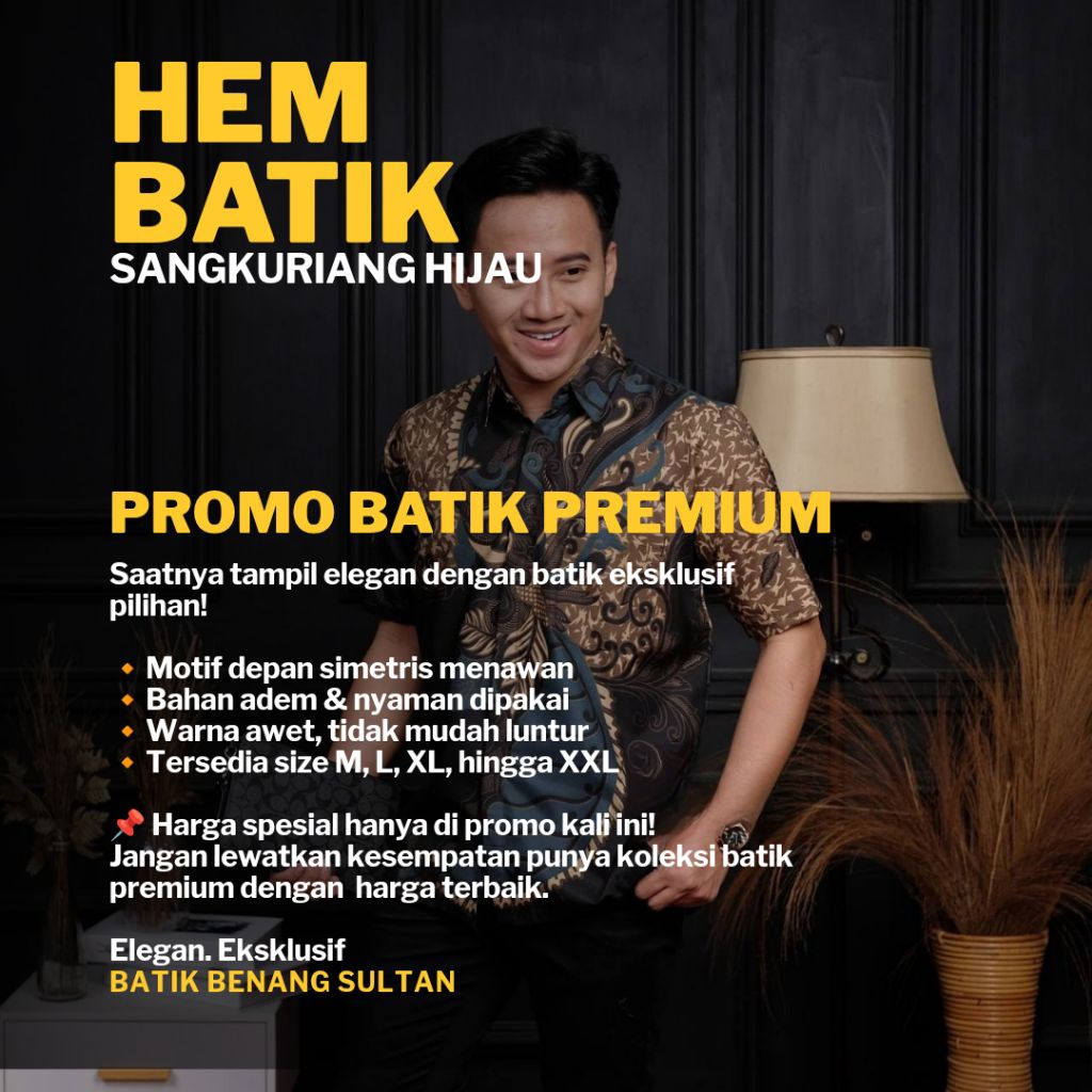 BATIK PRIA LENGAN PENDEK, MOTIF SANGKURIANG HIJAU, TEKSTUR KAIN HALUS, HARGA PROMO & TERMURAH