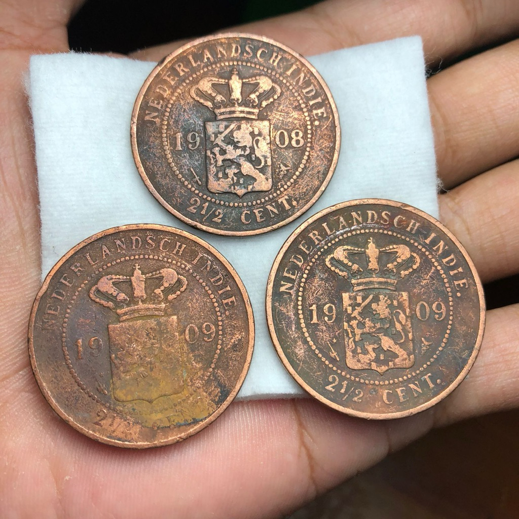 Koin Kuno Benggol 2,5 Cent Tahun 1908 dan 1909 Borongan 3pcs