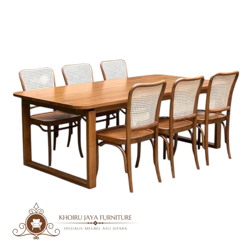 Set Meja Makan Retro Modern Bahan Kayu Jati Kombinasi Rotan anyaman Produksi Asli Jepara