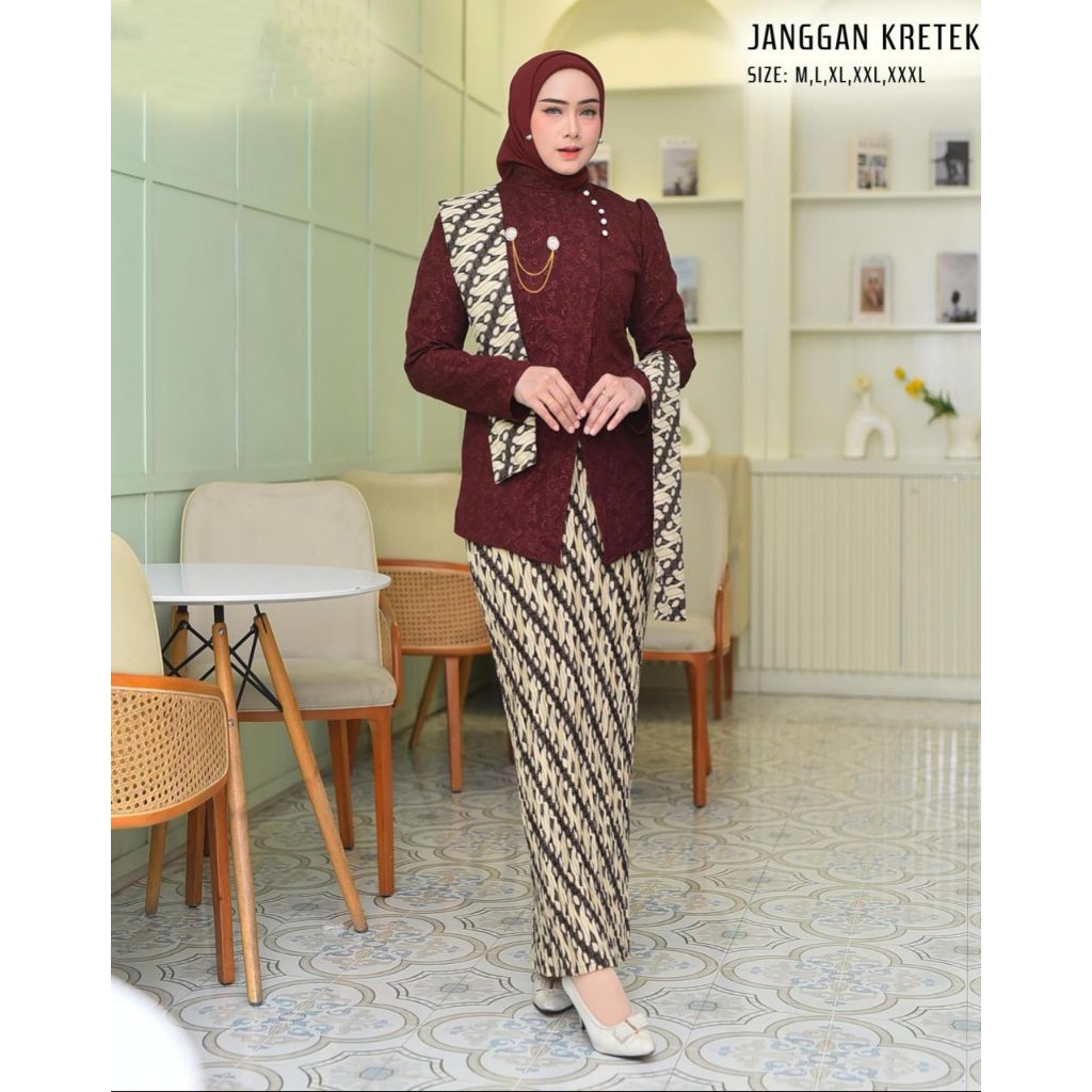 Kebaya Janggan Free selendang dan Free bross, Kebaya Jawa Janggan Wanita Tangan Panjang