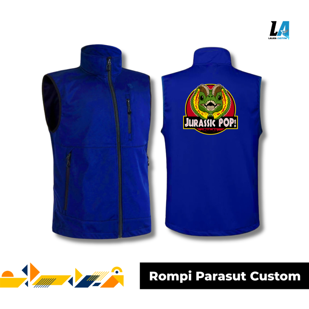 Rompi Parasut Custom Desain Bebas Rompi Kopi Funko Jurassic Pop Sablon DTF