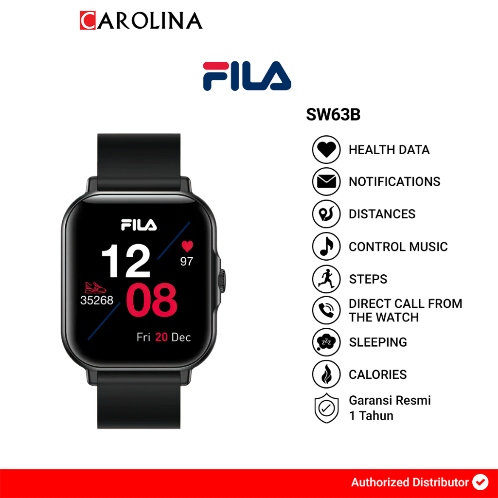 Jam Tangan Unisex Fila Smart Watch SW63B Full Screen Touch Display Black Silicone Strap