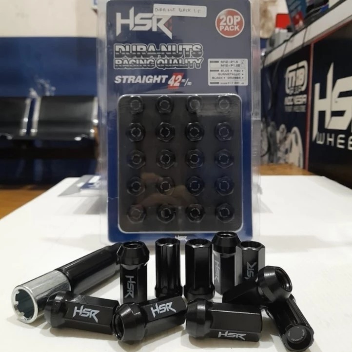 Baut Roda Mobil Racing Warna Hitam Type DURA NUT HSR BLACK Ukuran Drat 1,5 Isi 24pcs | Fortuner, Paj