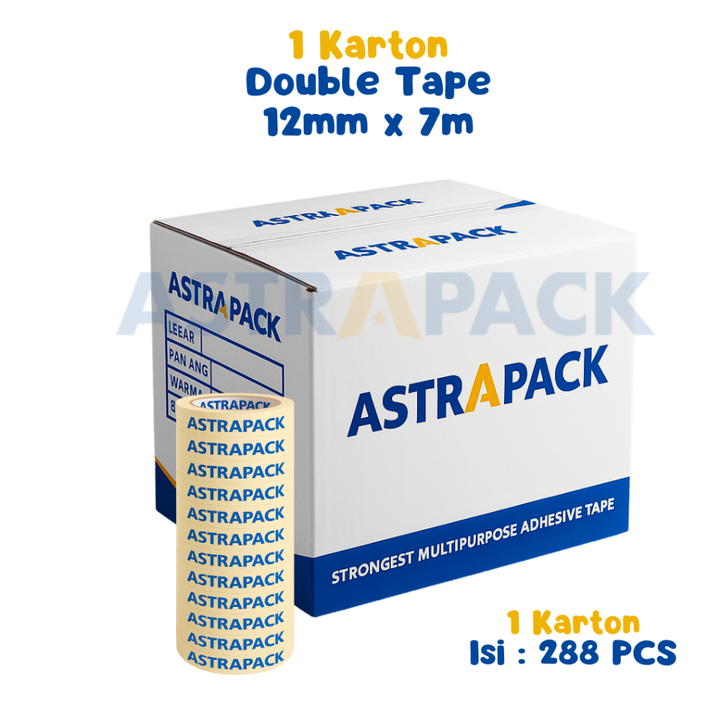 

Astrapack | 1 Dus Double Tape Lakban 12 Mm x 7 Meter x 215 Micron | Tersedia Instant Grosir