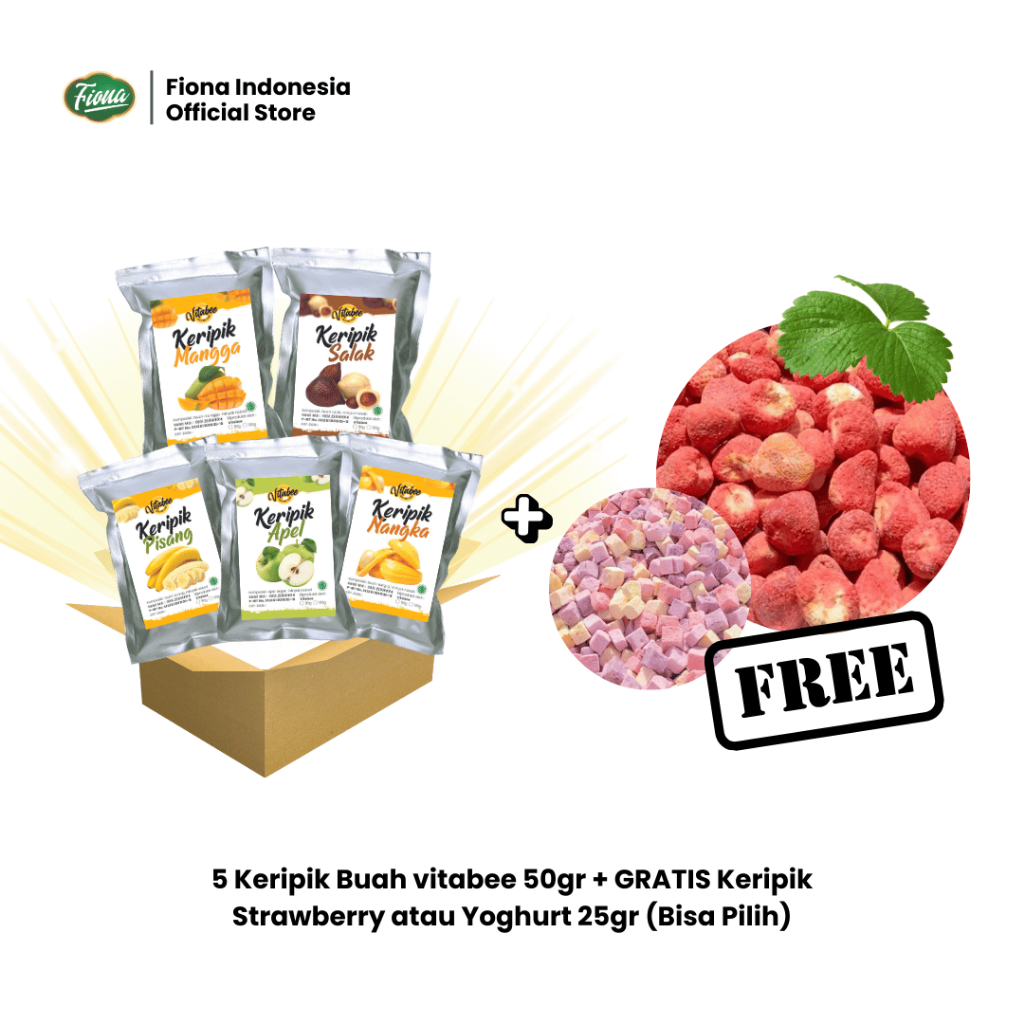 

Vitabee 5 Keripik Buah Gratis 1 Strawberry/Yoghurt - Kemasan 50 Gram Nangka Apel Salak Pisang Salak
