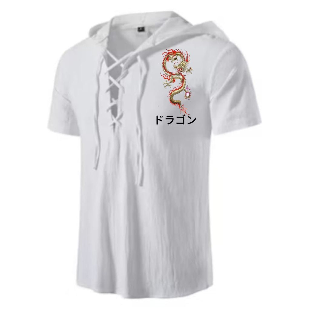 kemeja linen atasan Hoodie lengan pendek pria gambar naga nyaman keren casual formal bahan linen ram