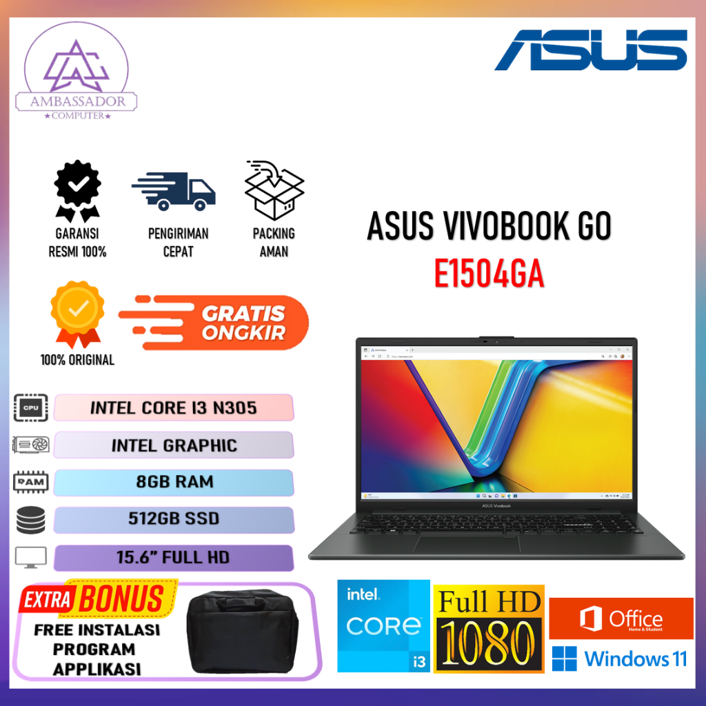 Laptop Asus Vivobook GO E1504GA Intel i3 N305 ram 8gb ssd 512gb layar 15.6 Full HD