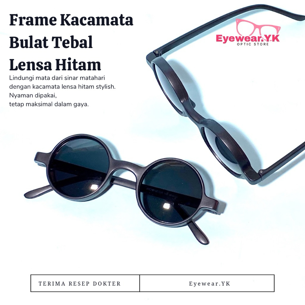 Kacamata Y309 – Lensa Hitam Doff | Frame Bulat Tebal | Bisa Pasang Lensa Minus