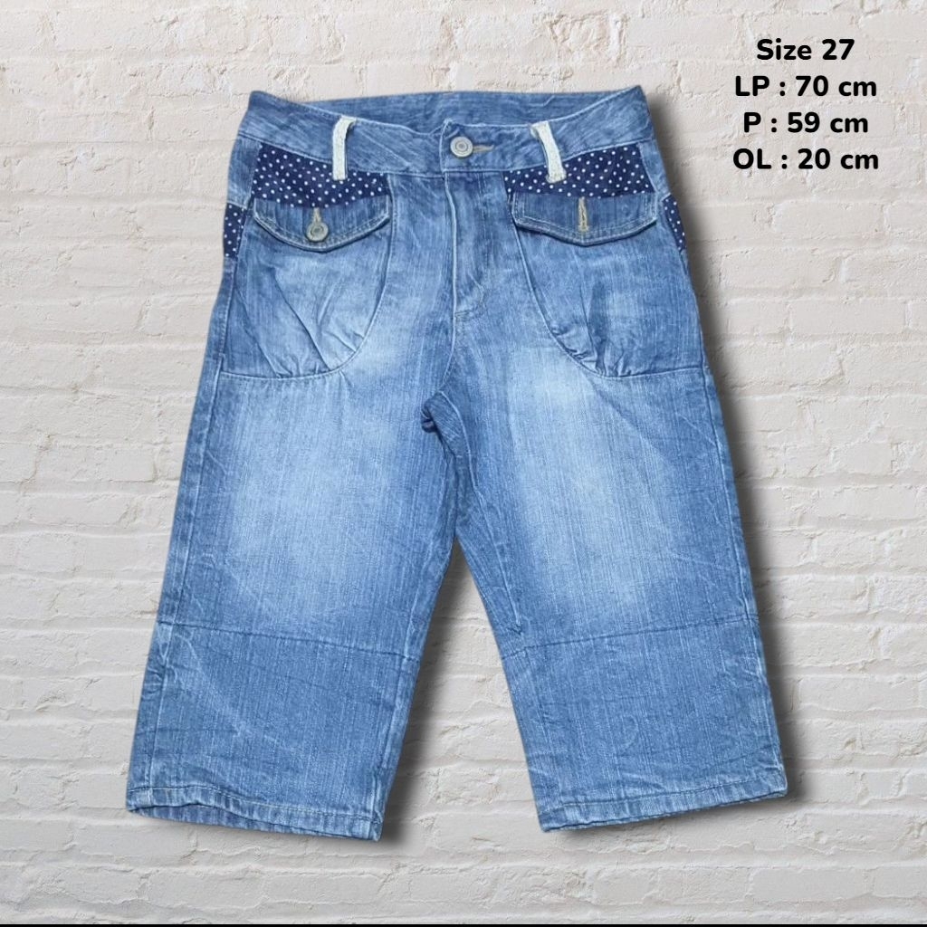 Size 27 Celana Pendek Jeans 3/4 Blue Washed Fading Original Second Preloved #MR18