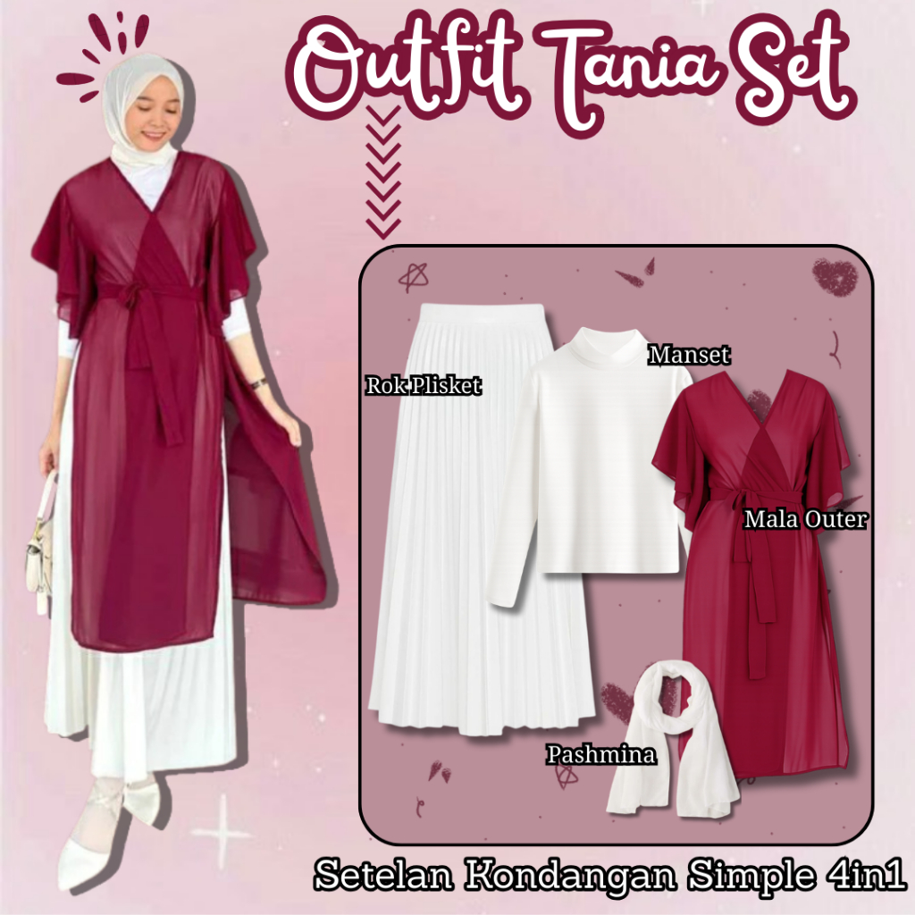 Sugaringcandyss - Outfit Tania Set Setelan Kondangan 4in1 | Rok Plisket Manset Tunik Maroon Jilbab |