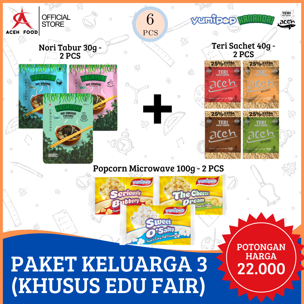 

PAKET KELUARGA 3 (KHUSUS EDU FAIR) - POTONGAN HARGA 22.000 - 2 PCS Kananori Furikake 30gr, 2 PCS Teri Aceh Kemasan Sachet 40gr, & 2 PCS Yumipop Popcorn Microwave 100gr - Aceh Food