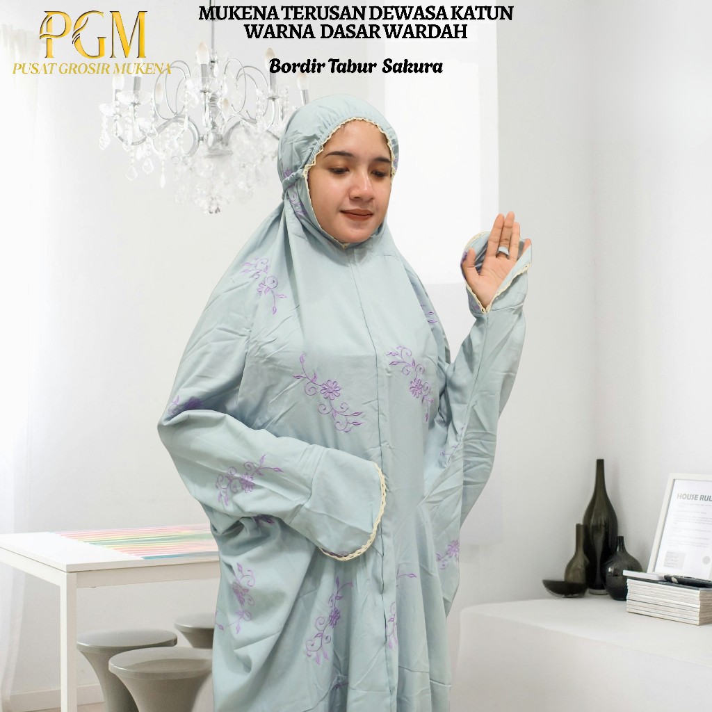 Mukena Terusan Dewasa Bahan Katun Polino Warna Biru Wardah Bordir Bunga Tabur Sakura Daun