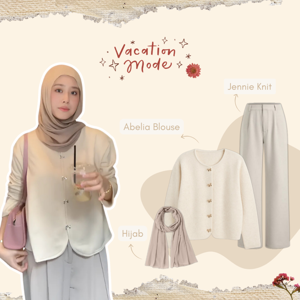 Outfit Wanita Kekinian 1 Set || Ootd Kekinian - Abelia  Blouse Kekinian + Jennie Knit Ivory + Pashmi