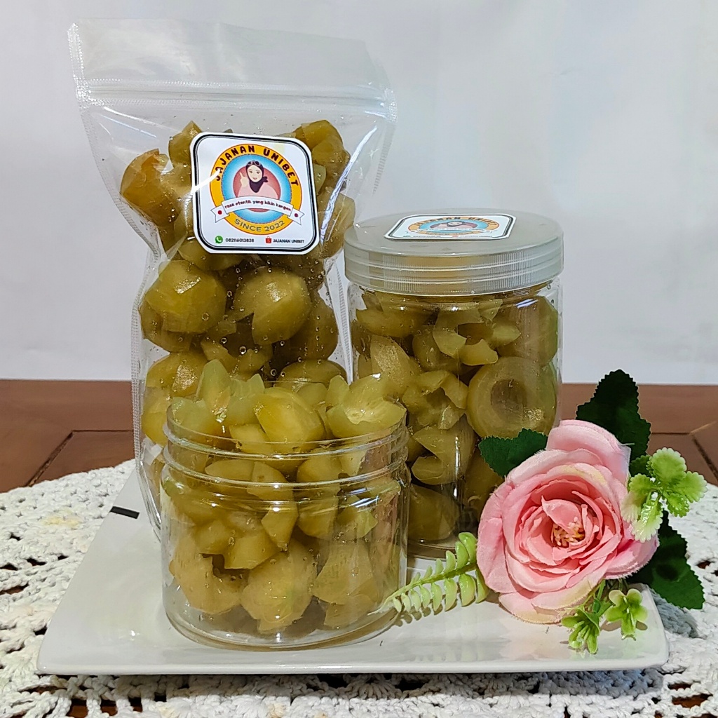 

Manisan / Asinan Buah Pala Manado Kemasan 500g & 250g original segar UNIBET asli Cianjur