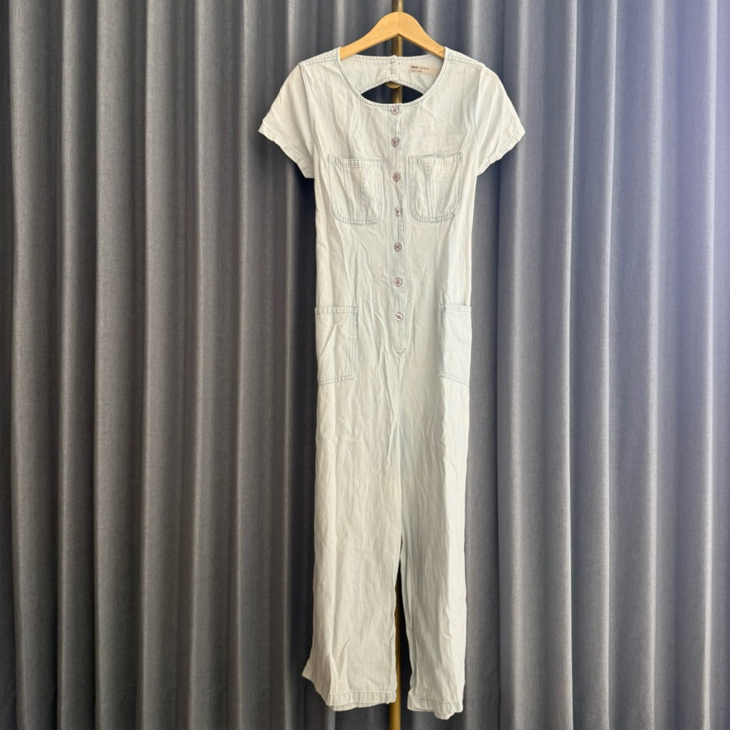 𝙋𝙍𝙀𝙇𝙊𝙑𝙀𝘿 Asos Design Baby Blue Light Denim Jeans Maxi Long Jumpsuit Romper Fashion Wanita