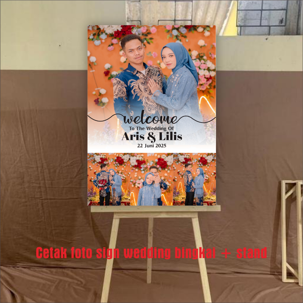 Cetak foto jumbo 40x60  cetak foto sign wedding bingkai dan stand kayu satu seat