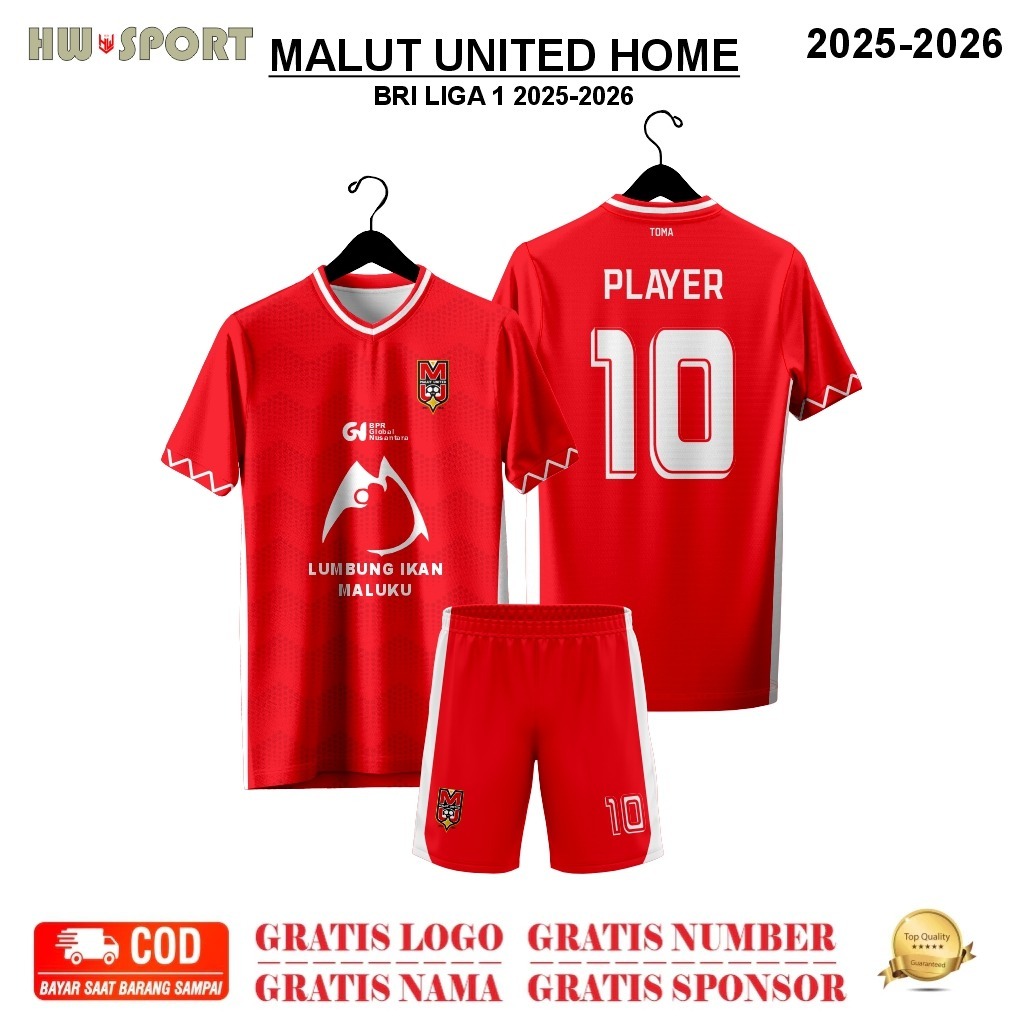 Jersey MALUT UNITED HOME  - LIGA 1 Terbaru 2025-2026 Full Printing Premium Free Nama & Nomor Punggun