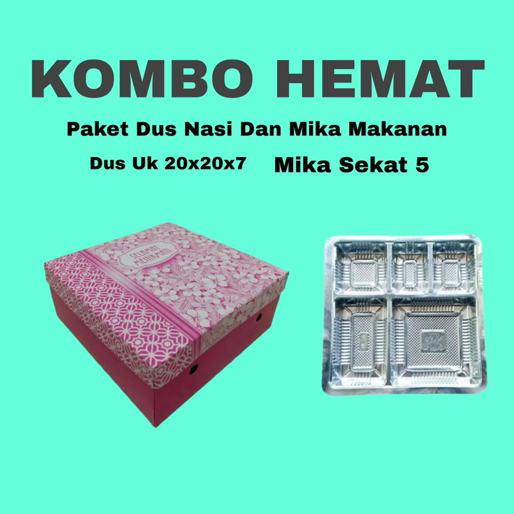 

50/100 Pcs Paket Dus Nasi Uk 20x20x7 dan Mika Sekat 5 || Kardus Nasi Motif ||