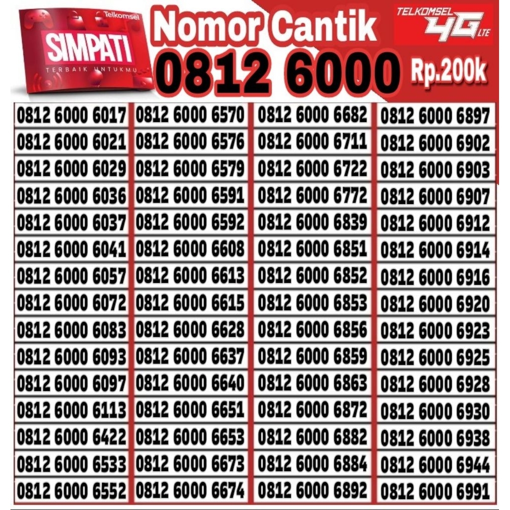NOMOR CANTIK TELKOMSEL SIMPATI 4G LTE O812 6000 66