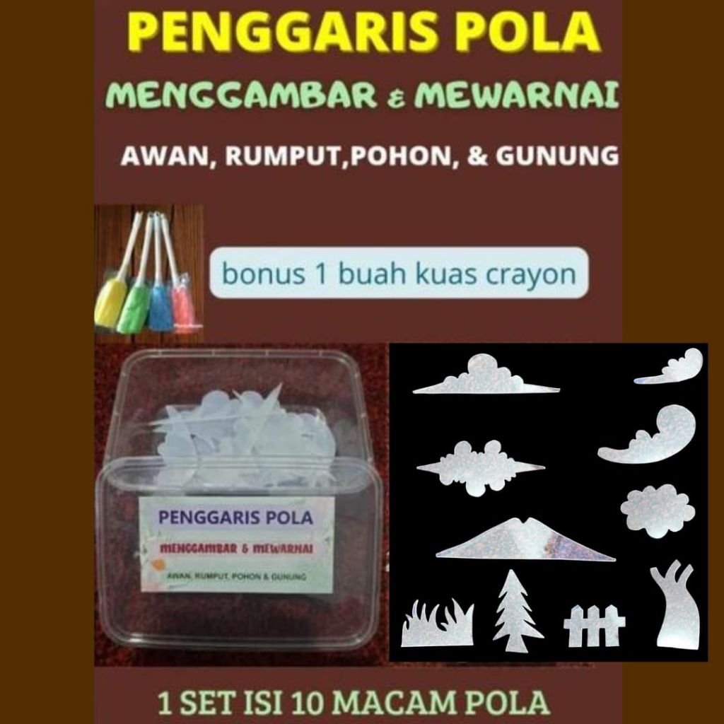 

penggaris pola menggambar awan ,rumput,pagar dll,isi 10 macam pola bonus sulak crayon