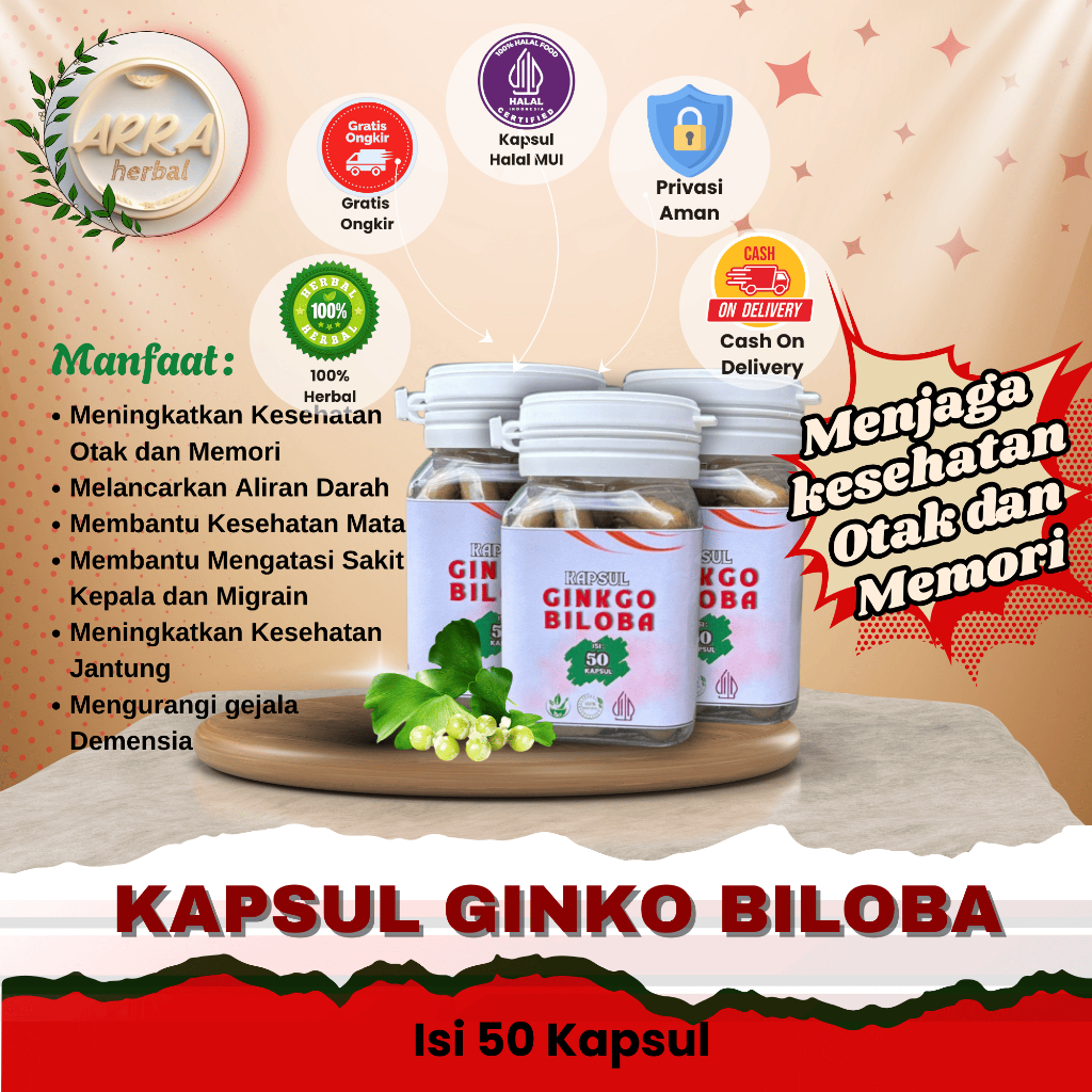 Kapsul Daun Ginkgo Biloba Herbal Asli Mencegal Alzaimer Isi 50 Kapsul