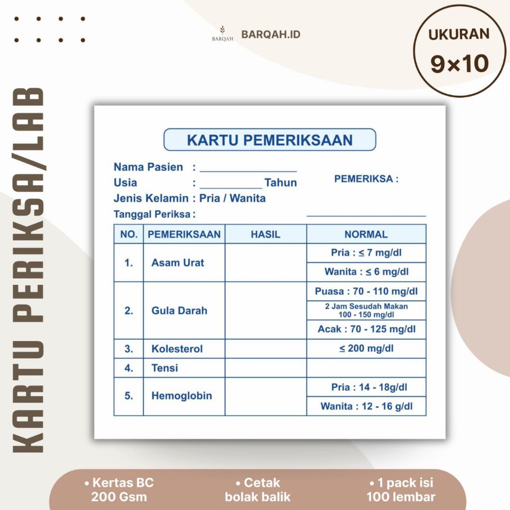 

kartu pemeriksaan lab, kartu kontrol, kartu cek kesehatan, kartu hasil pemeriksaan