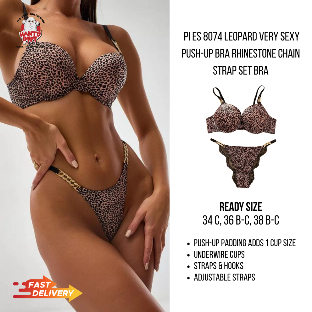 [BRA SET - CUT LABEL] Pi Es 8074 Leopard Very Sexy Push Up Bra Set Rhinestone Chain Strap Bra Wanita