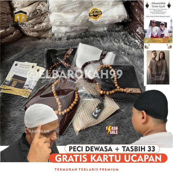 Peci Kopiah Haji Bordir Putih Premium | Kopiah Muslim Pria Dewasa | Peci Sholat Umroh Asli Terompah 