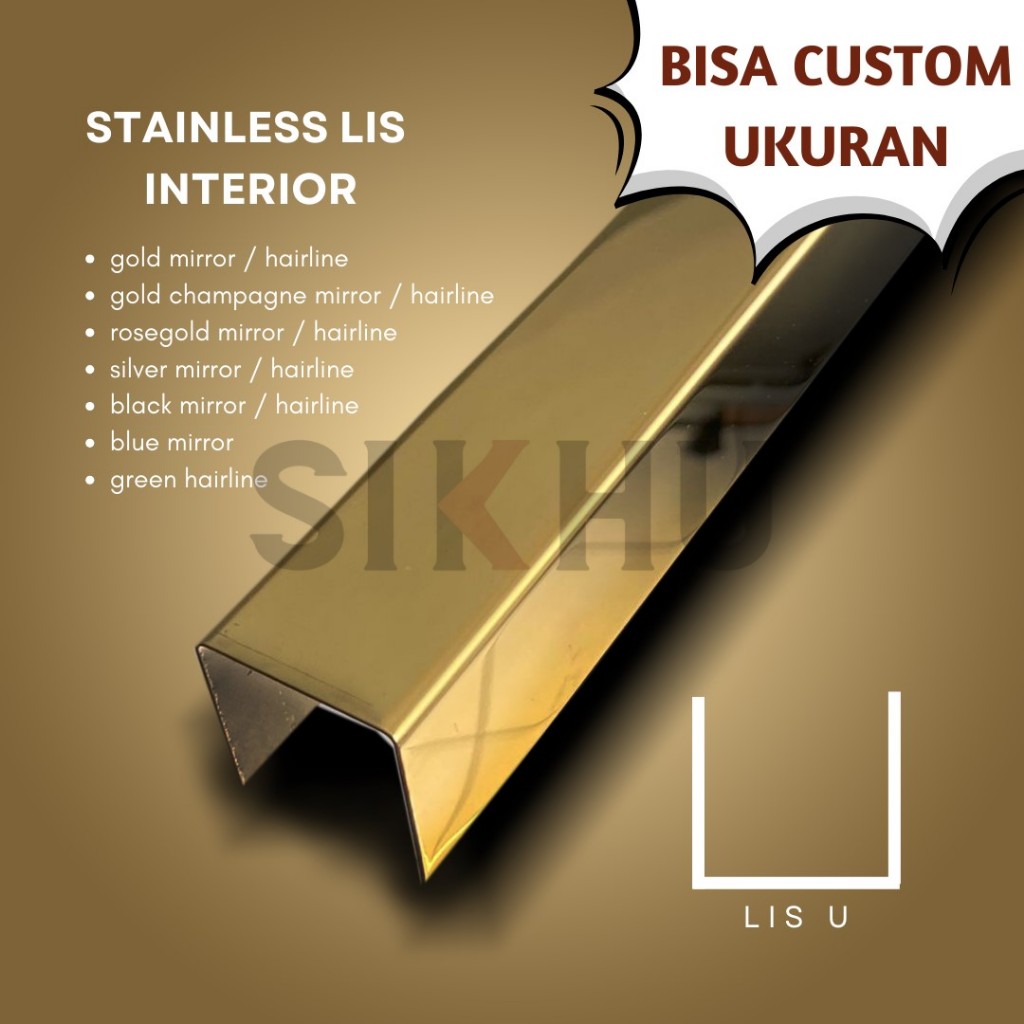LIST U GOLD MIRROR / HAIRLINE TEBAL 0.8MM PANJANG 3 METER STAINLESS SS 201 | KANAL U GOLD | LIS U EM